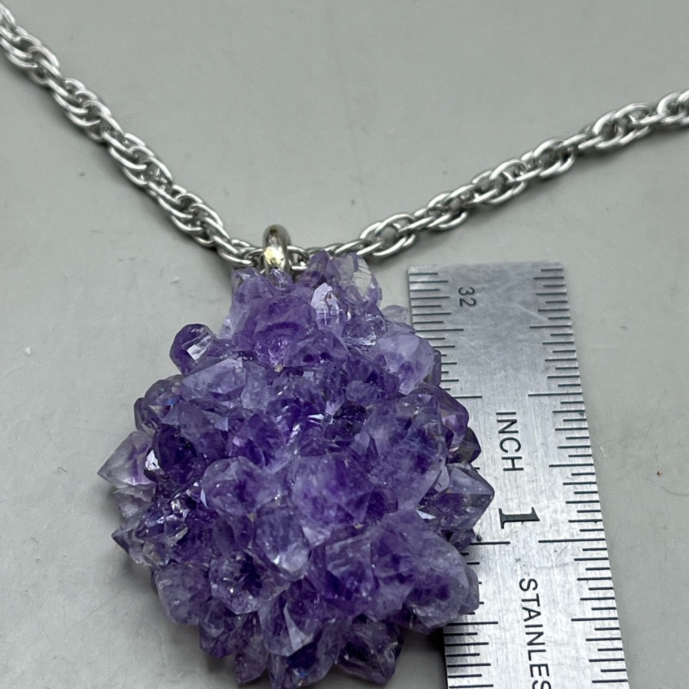 Raw Amethyst Purple Geode Crystal Pendant Necklace -Boho February Birthstone - Picture 5 of 7